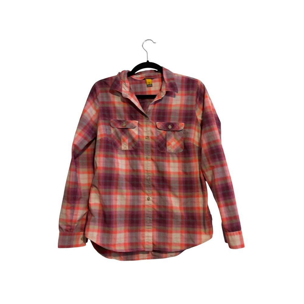Eddie Bauer Plaid Button Up Shirt Womens Medium Pink Purple Long‎ Sleeve